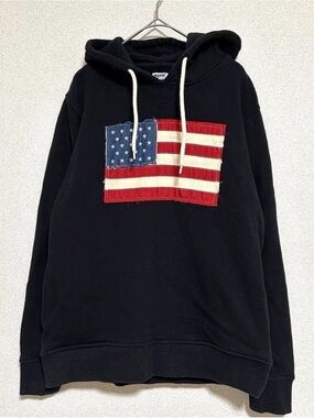 Black Hoodie with Frayed American Flag Patch - Unbranded